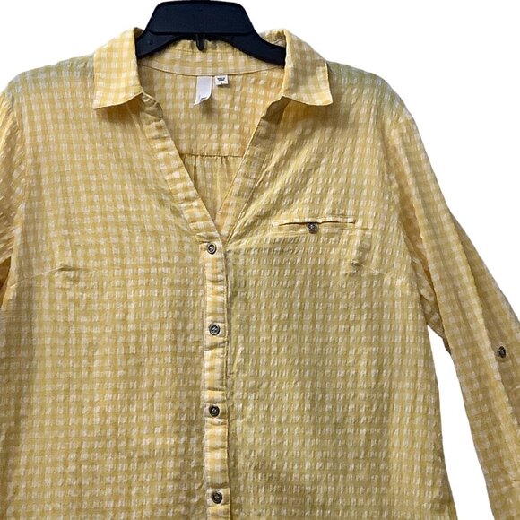 Kut from the Kloth Button Feena Top Women Large Yellow Textured Gingham V-Neck - Picture 5 of 10